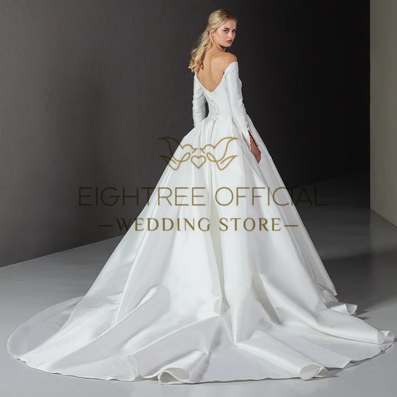 Eightree White A-Line Wedding Dresses Off The Shoulder Long Sleeves Bridal Dress Boho Beach Wedding Ball Prom Gowns Customized