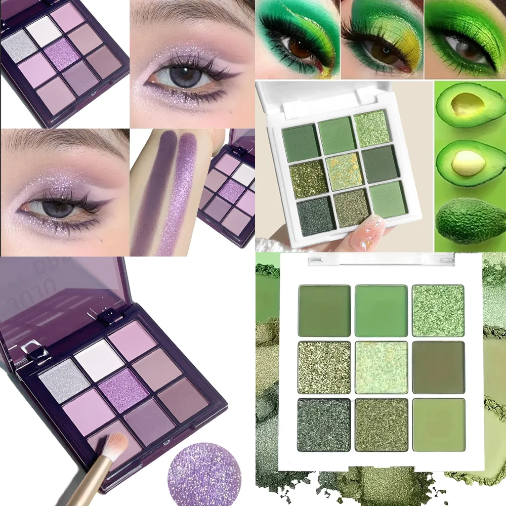 9色の紫緑色のアイシャドウパレット2パック：長持ちする高発色、マットとシマー効果、明るいピンクとパープル-