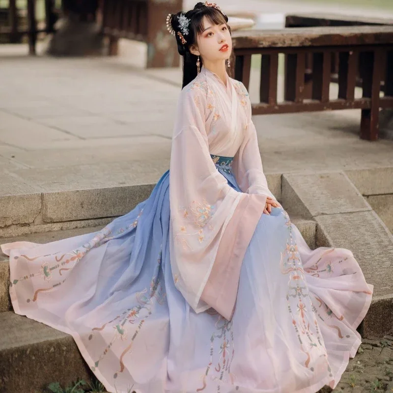 

Розовое женское традиционное китайское платье Hanfu с вышивкой, костюм танцевальной феи, женская одежда принцессы, карнавальный 2024Hanfu, женский костюм