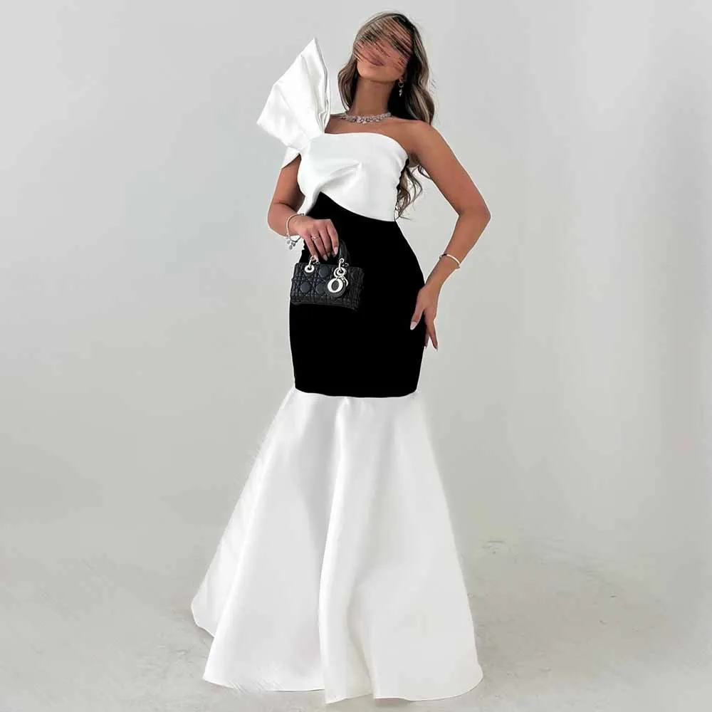 

Elegant Women's Evening Ball Gowns Satin Mermaid/Trumpet Valentine's Day Dress Black and White One-shoulder Bow Ruched Prom Gown