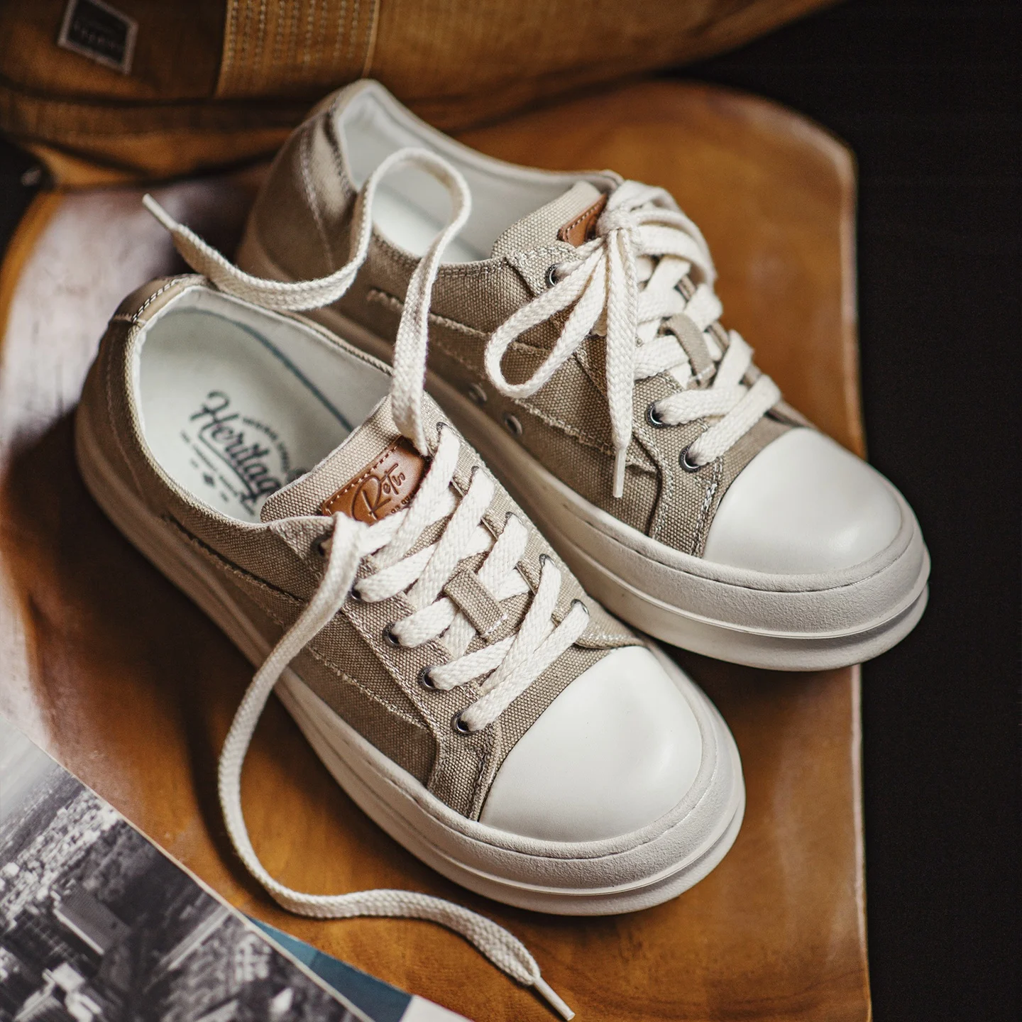 Maden Men's Retro Canvas Shoes for Man 3.5cm Heightening Thick Sole Patchwork Design Non Slip Casual Trendy Street Footwear