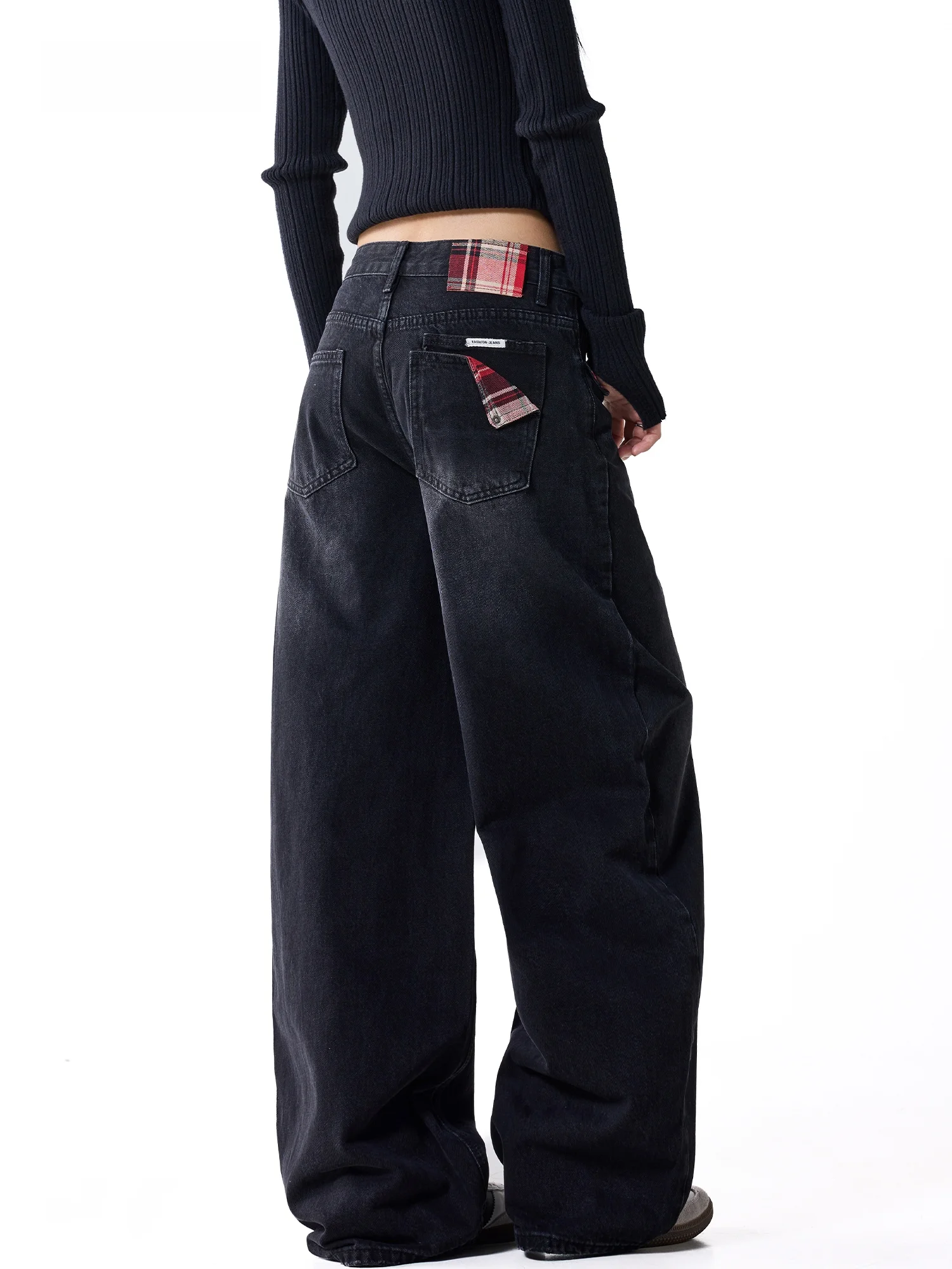Pure Cotton Black Red Plaid Patchwork Wide Leg Denim Jeans Women's Retro Design Sensation Fall New Style EDX American Style H...