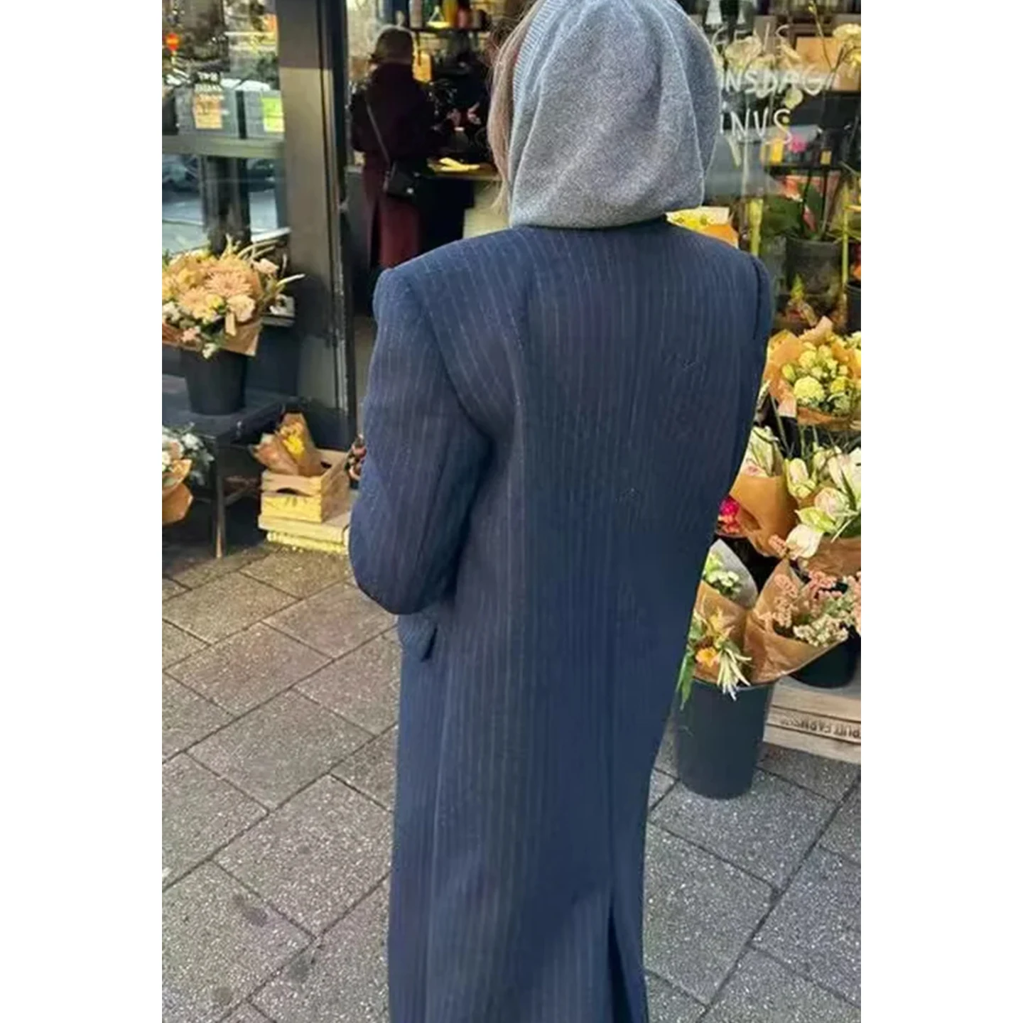 Zimowy Nowy Model Damski Luźny Płaszcz Wełniany w Paski z Kołnierzem i Długim Rękawem, Odzież Wierzchnia do Pracy, Poliester...