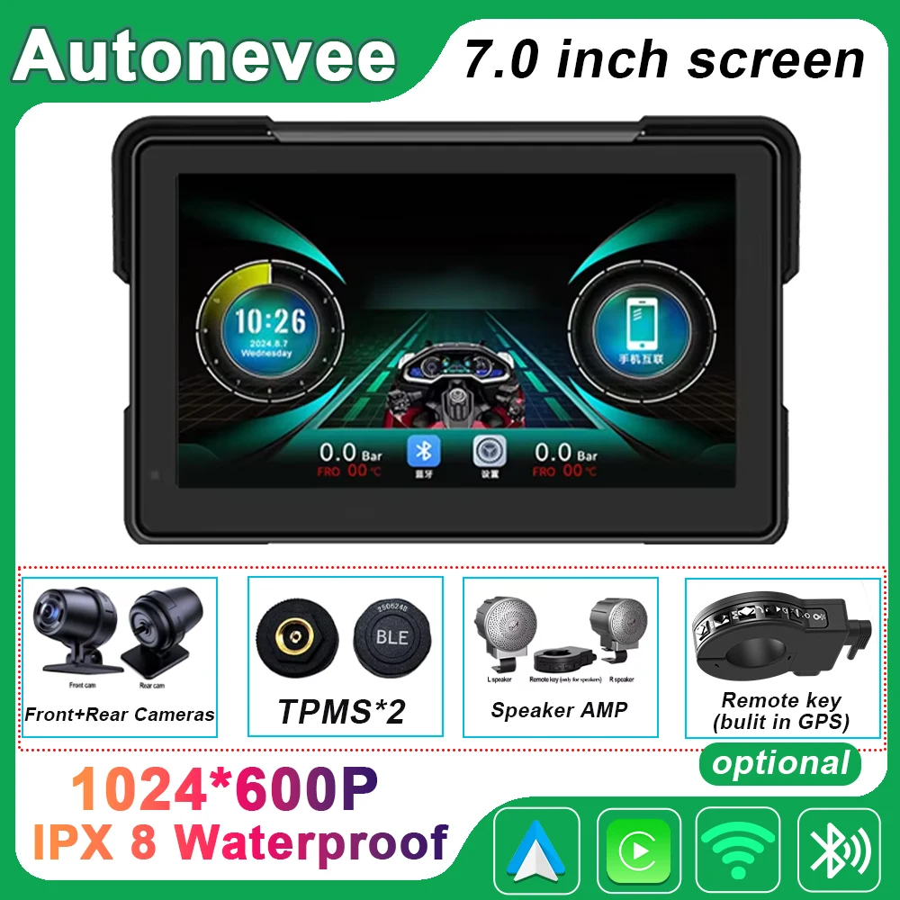 

Autonevee Motorcycle Carplay WaterProof 7‘’ WiFi Wireless Android-Auto DVR Monitor Dash Camera GPS Navigation TPMS Bluetooth
