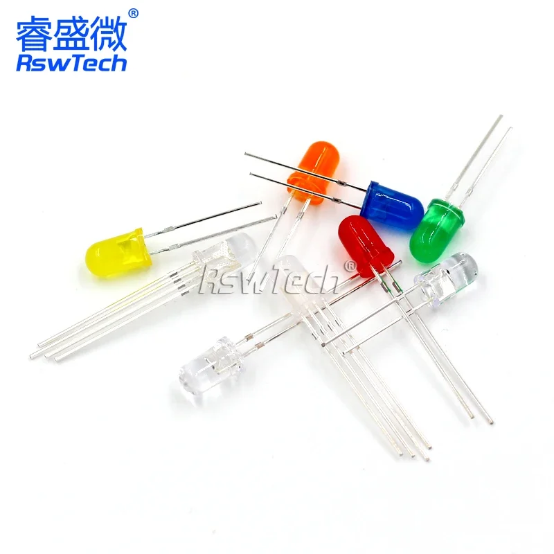 5mm LEDs with various colors, short and long pins, high brightness flash diodes