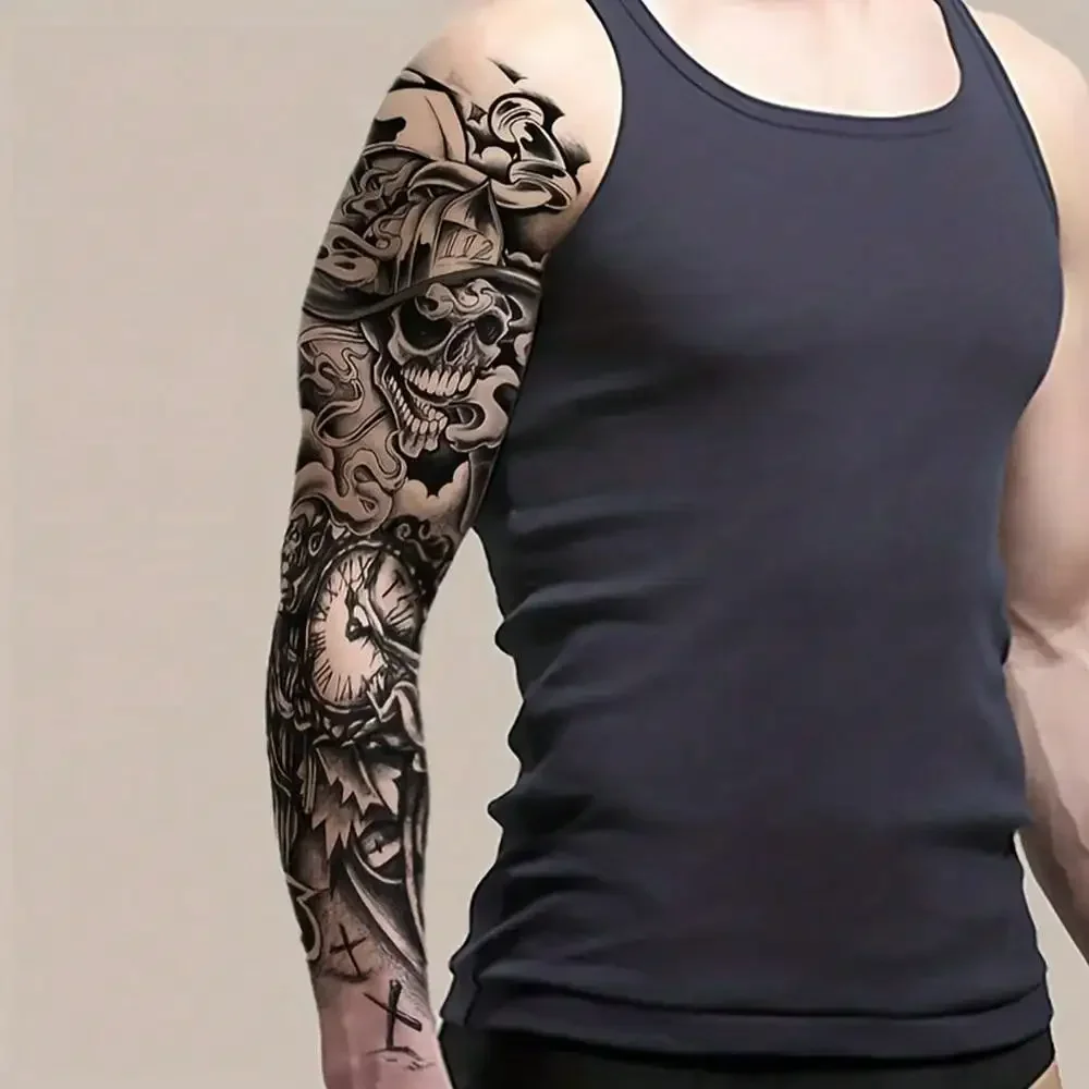 1 Sheet Temporary Tattoo, Grim Reaper And Clock Pattern, Long Lasting For 2 ~ 7 Days Waterproof Tattoo Stickers, Not Toxic, Leg Arm Back Body Art For Women And Men view 3