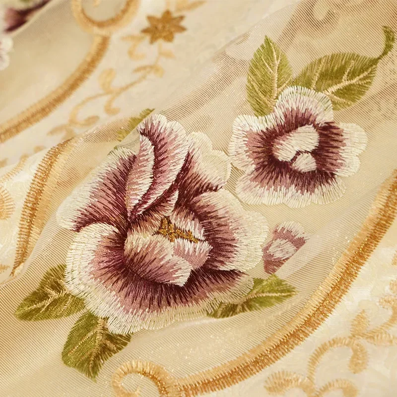 Luxury European Style Gold Embroidered Yellow Curtains Valance Window Drapes for Living Room Bedroom