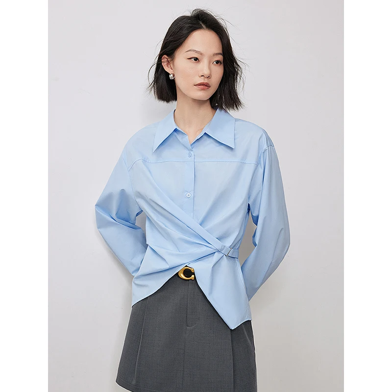 TOYOUTH Women Blouse Shirt 2024 Autumn New Twisted Tie Waist Solid Color Long Sleeve Turn Down Collar Fashion Blouse Tops