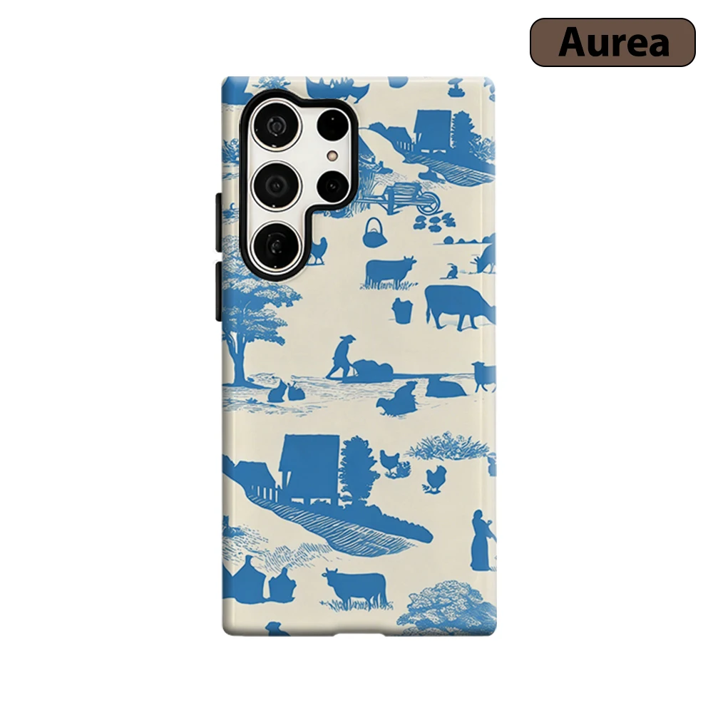Blue Farm Toile Phone Case for Samsung Galaxy S26 S25 Ultra S24 S23 Ultra Plus Shockproof Double layer tough Back Cover