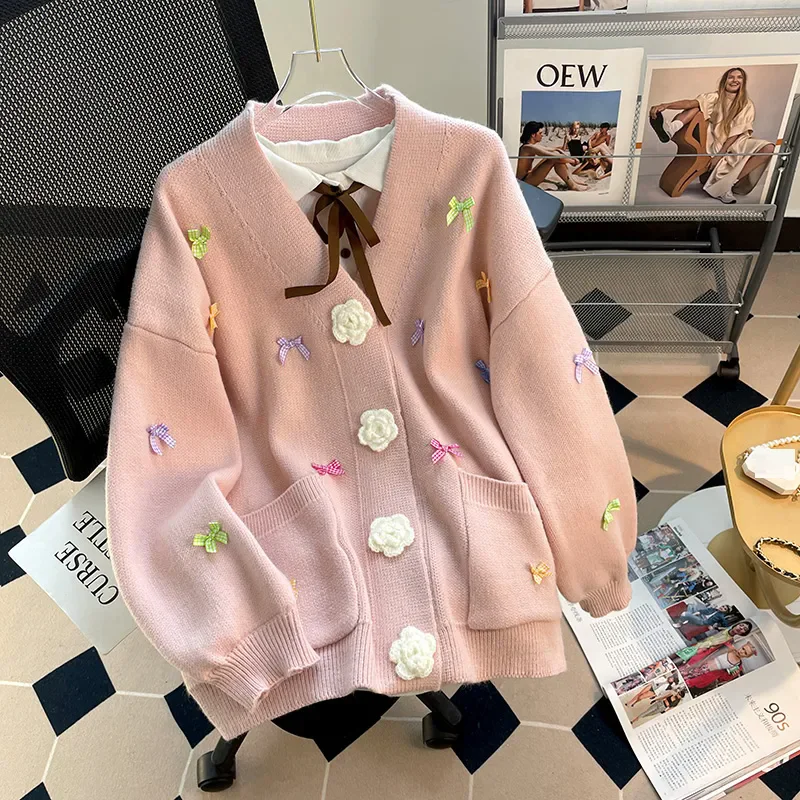 Korean New Loose Casual Candy Color Sweaters Bow V-neck Three-dimensional Flower Knitted Cardigan Autumn Winter Warm Knitwear