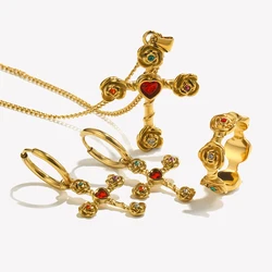 E.B.belle Colorful Rhinestone Rose Flower Cross Necklace Hoop Earring Ring Elegant Style Stainless Steel Jewelry Set Waterproof