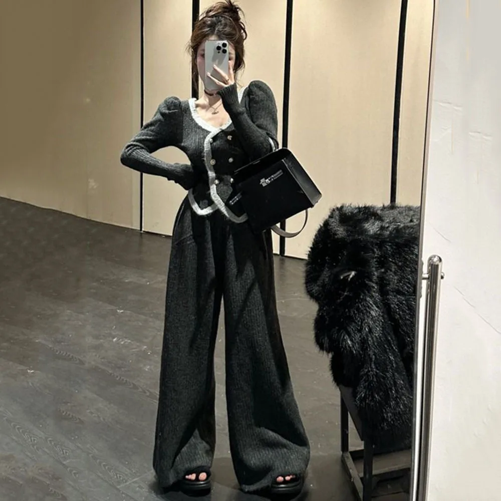 Winter Autumn Knitted Sweater 2 Peice Set Women Warm V-Neck Cardigan Straight Jogging Pant Suits Casual Oversize Tracksuit Women