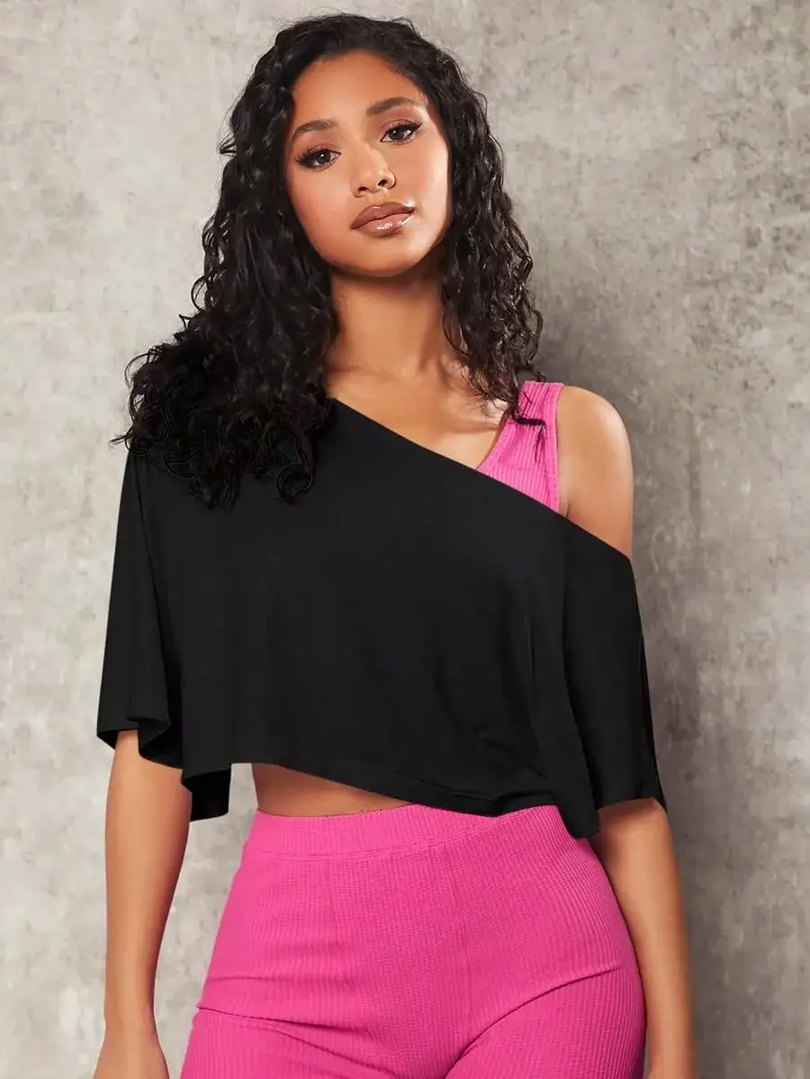 

Cropped Asymmetrical One Shoulder Batwing Top With Flowy Sleeves