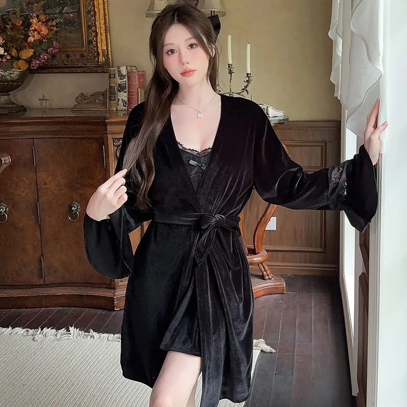 

Сексуальные свадебные платья, новые золотые бархатные зимние женские пижамы с длинными рукавами, женский теплый халат, повседневный женский халат из двух предметов