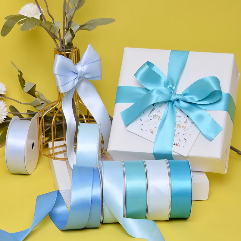 YAMA 100% Polyester Single Face Satin Ribbons 25 28 32 38mm100Yards  Light  Blue for Handmade Rose Flowers  Decoration Wedding