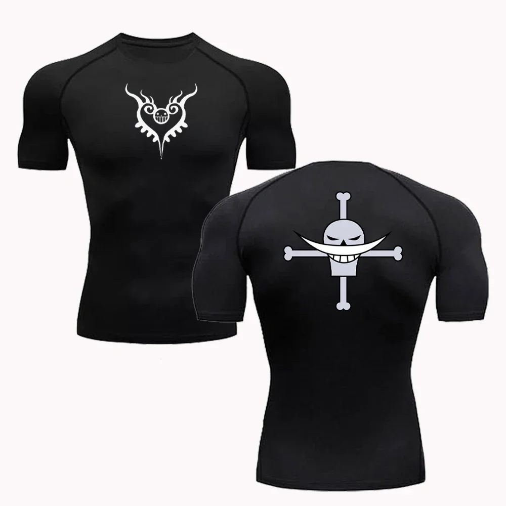 NEW One Piece Ace White Bearded Pirate Flag Printed T-shirt for Men's Anime Fitness Gym Quick Drying Sports Top