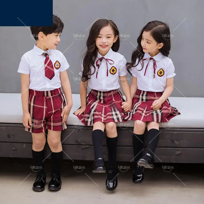 Children Korean School Uniform for Primary Kindergarten Boys Girlsshort Sleeve Shirt Red Plaid Skirt Clothe Set Chorus Costumes