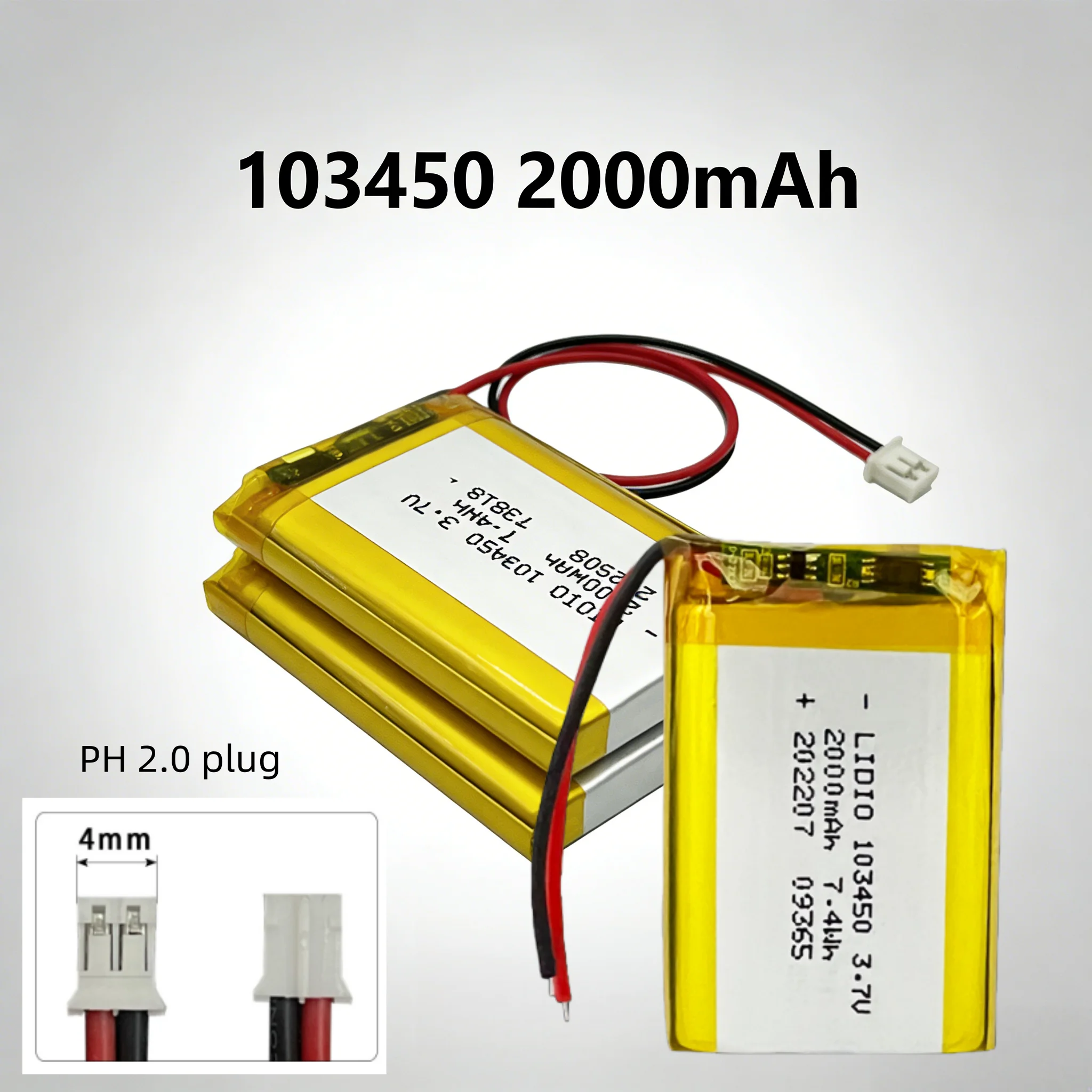 10-100PCS 103450 3.7V 2000mAh Rechargeable Li-Po With JST PH2.0 2Pin For GPS Camera Navigator MP5 Bluetooth Speaker POS Dash Cam