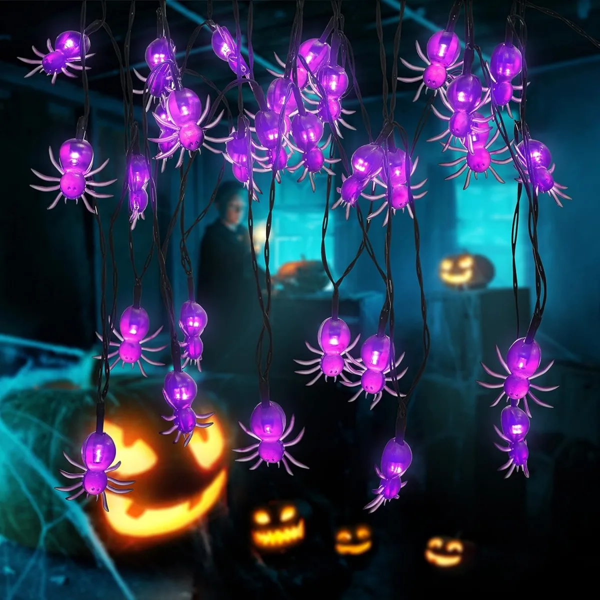 1pc 20/30 LED Halloween Purple Spider String Light With 8 Lighting Modes Outdoor Waterproof Hanging Decorative Lamp