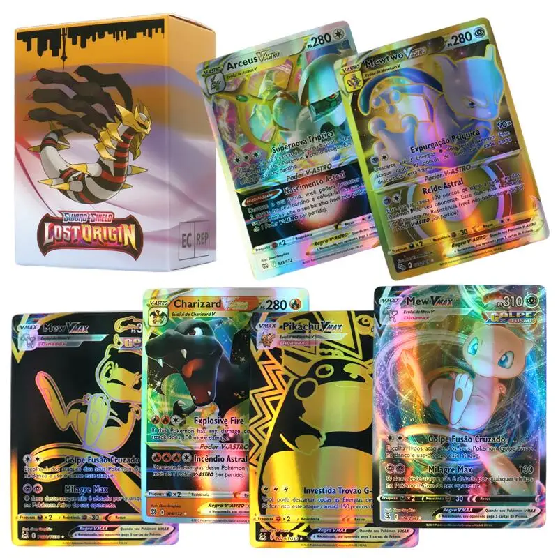 100Pcs Portuguese Holographic Pokemon Cards 49Vstar 51Vmax Letter with Rainbow Arceus Shiny Charizard trade card children toys