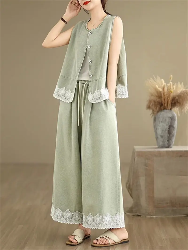 

Cowboy Denim Patchwork Vest And Harem Pants Set 2025 Summer Casual Outfit Thin Loose Women Jumpsuit Two Piece G1103