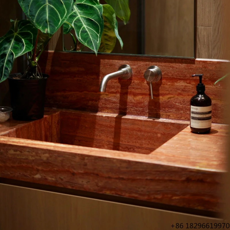 Custom Red Travertine Stone Bathroom Vanity Cabinet Sink Eco-Friendly for Outdoor Kitchen