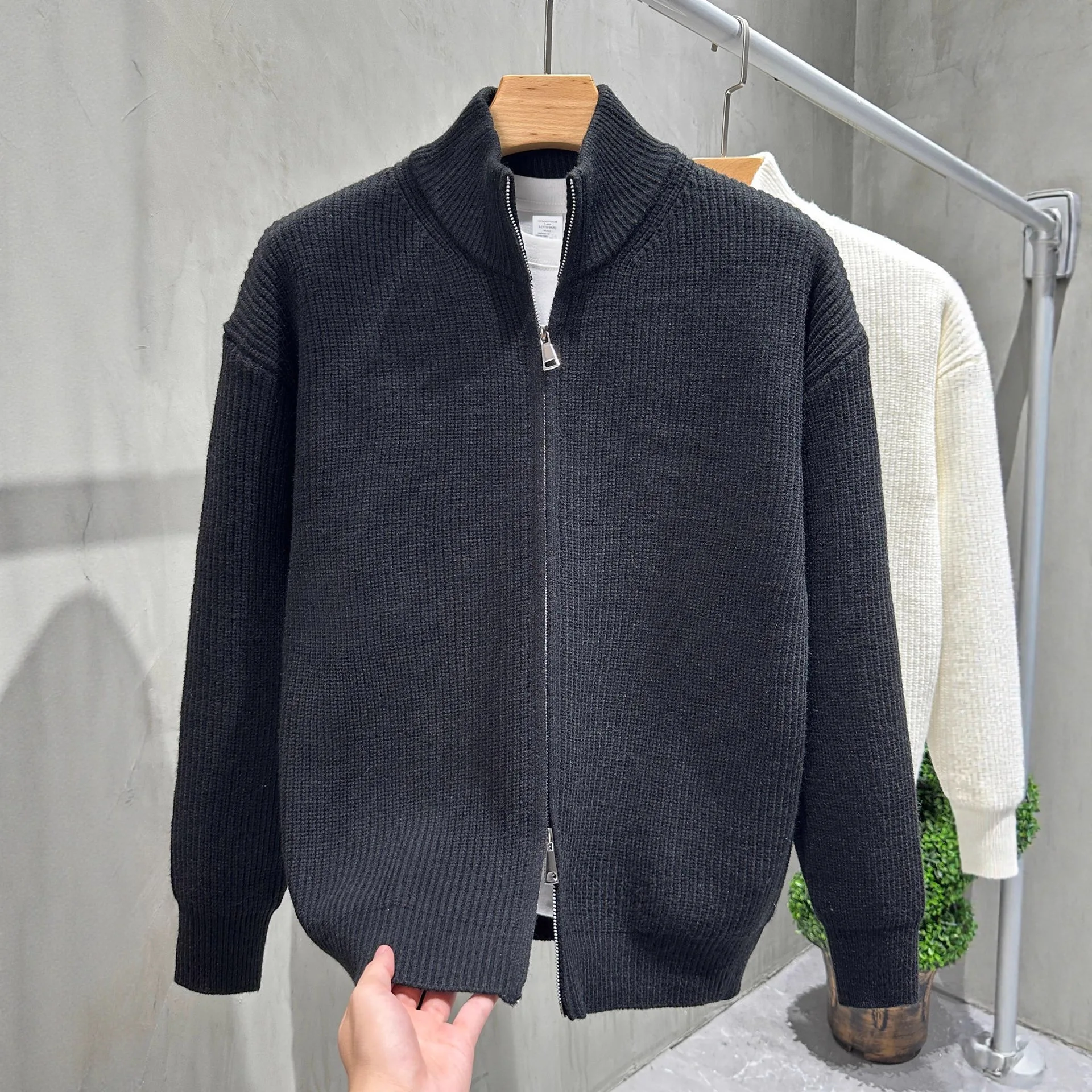 سستة الجبهة لون نقي هوديي Jaet الرجال محبوك سترة الوقوف طوق شبه عالية طوق سترة عادية Sle ألياف البوليستر