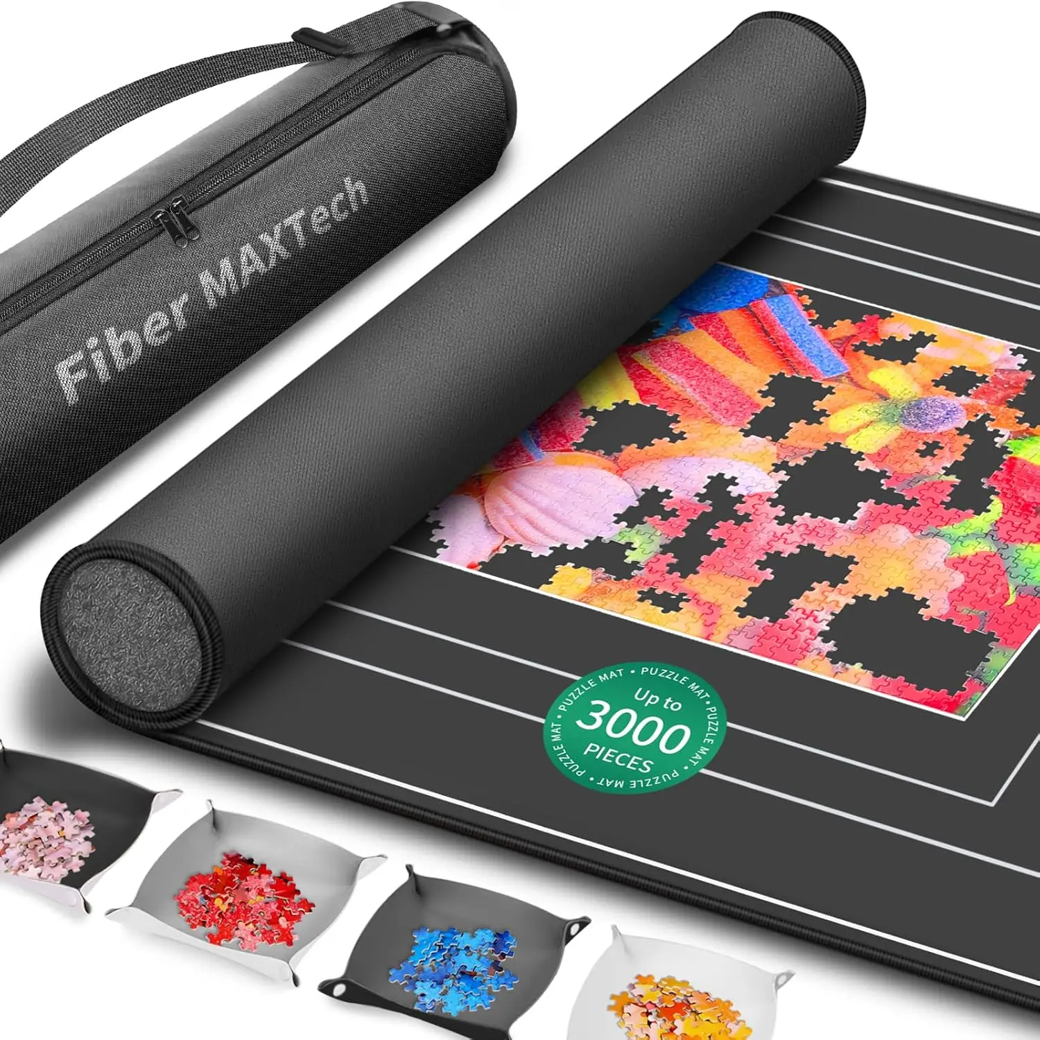 Tapete para rompecabezas enrollable, almohadilla protectora de goma de 55 "x 35,5", con 4 bandejas de clasificación y bolsa de almacenamiento de viaje, rompecabezas enrollables portátiles Kee