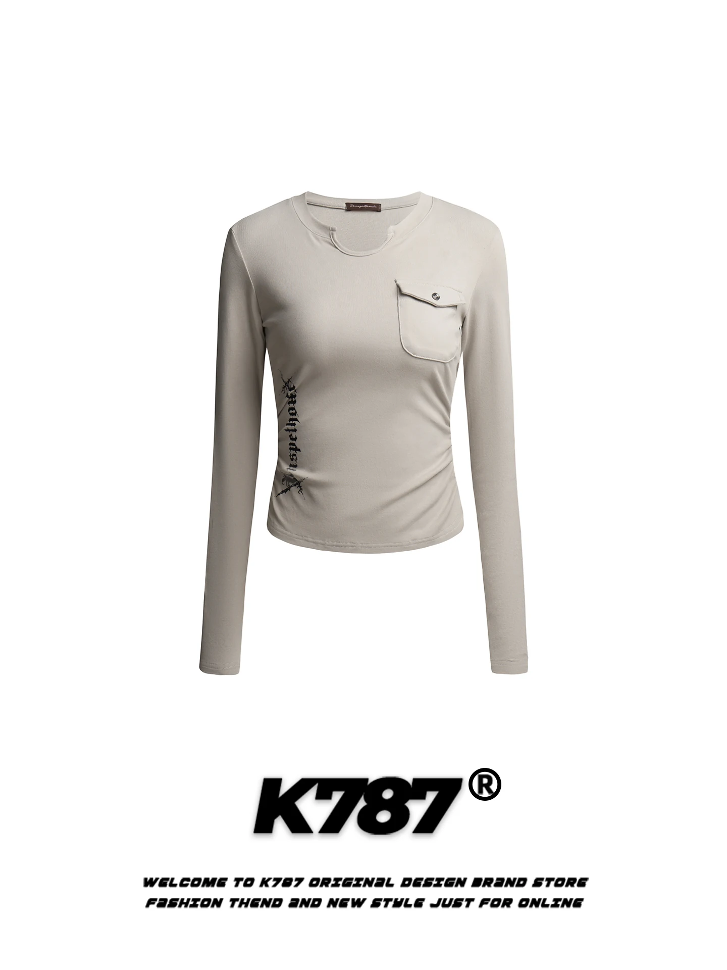 

Женская футболка K787 Spicy Girl в американском уличном стиле с длинным рукавом, U-образным вырезом и карманом на груди, новинка ранней весны