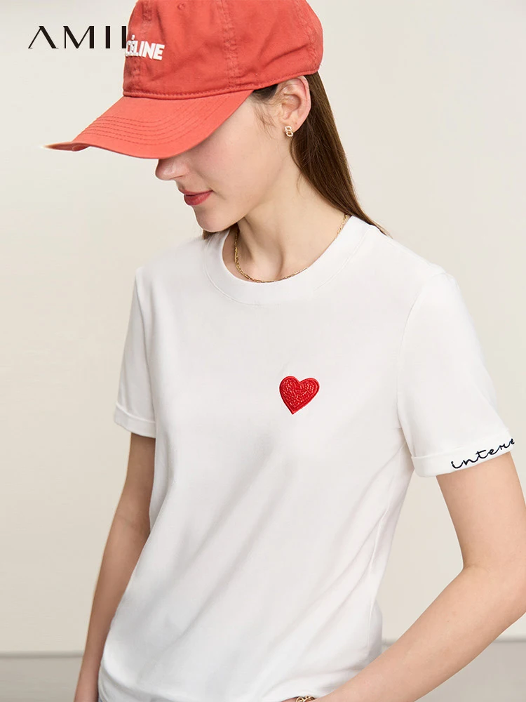 AMII Minimalism 2023 Summer Versatile Office Lady Casual Tees Contrasting Colors Heart Bead Short Sleeves Female Tops 12322090