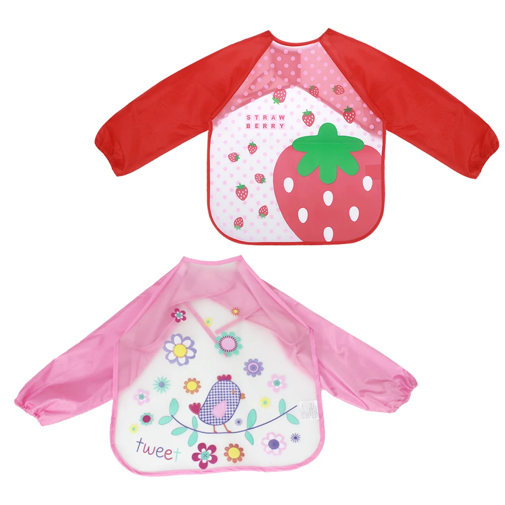 

2Pcs Waterproof Baby Bib Kids Aprons Painting Drawing Reusable Long Sleeve Protection Home Kitchen Cartoon Design