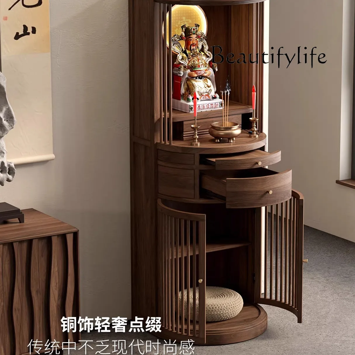 مزار بوذي جديد على الطراز الصيني، طاولة تقديم مزار الجوز الأسود، طاولة مزار gongtai، خزانة بوديساتفا لإله الثروة #4