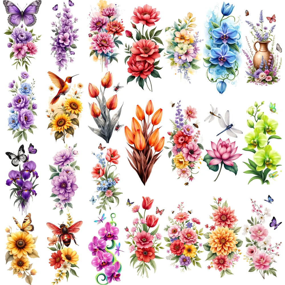 

9pcs Temporary Tattoo Orange Tulips Colorful Red Flowers Floral Vase Waterproof Long-lasting Body Stickers Blue Flowers For