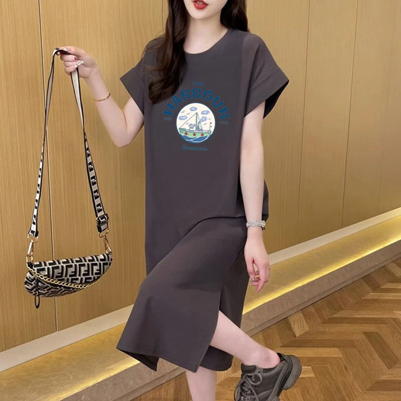 Korean Summer Long Knee Length Skirt Short Sleeved T-Shirt Skirt Women's Split Letter Printed Round Neck Loose Fitting Dress