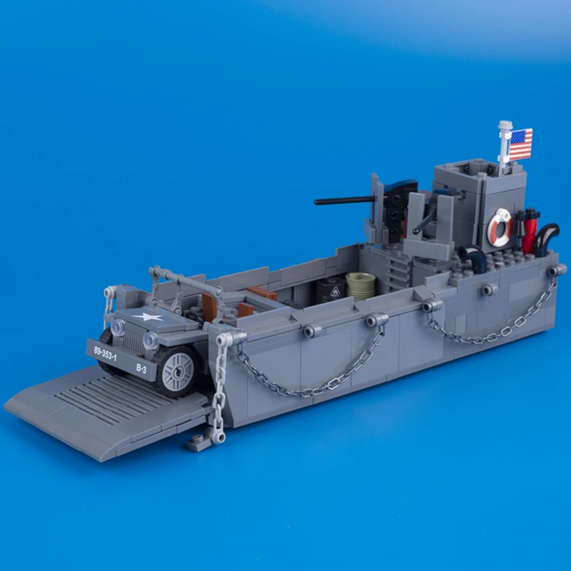 WW2 USA LCM3 Landing Craft Building Blocks Military Warship Model Soldier Weapon Boat Army Car Model Educational Toy for Childs