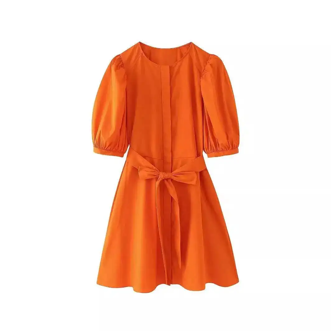 Casual Solid Cotton Blend Lace-Up Women's Puffy Sleeve Button Short New 2025 Summer Fasion Vacation Dress