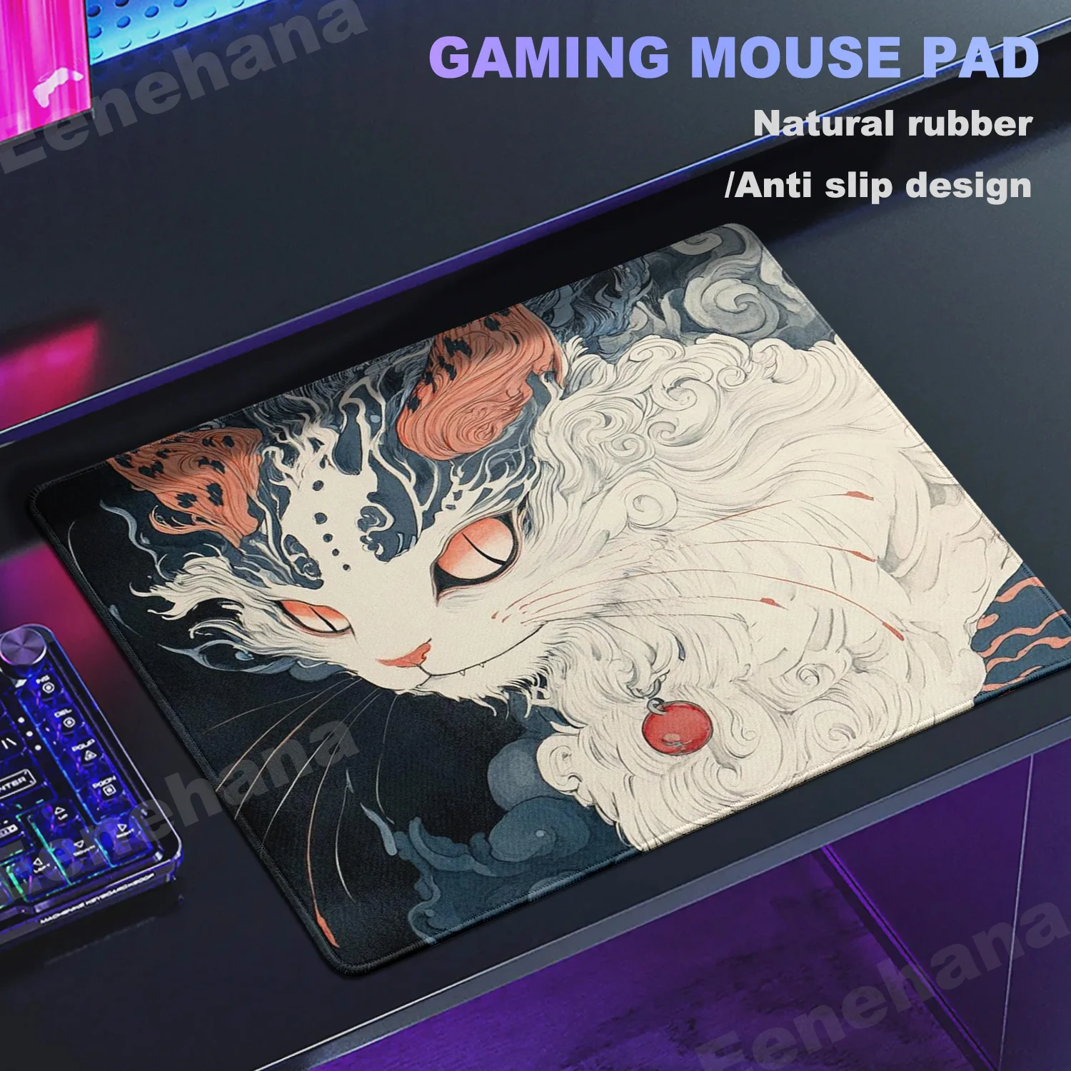 Tapis de souris Ukiyoe HD, petit chat mignon, tapis de souris en caoutchouc E-Sports, design de bureau, accessoire de bureau de jeu