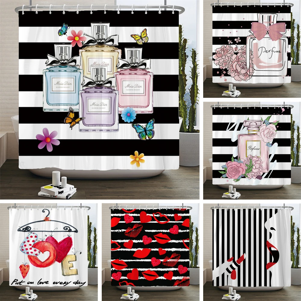 

Luxury Perfume and Flower Red Lips Girl Creative Shower Curtains Cosmetics High-Heeled Pattern Fashion Waterproof Bath Curtain