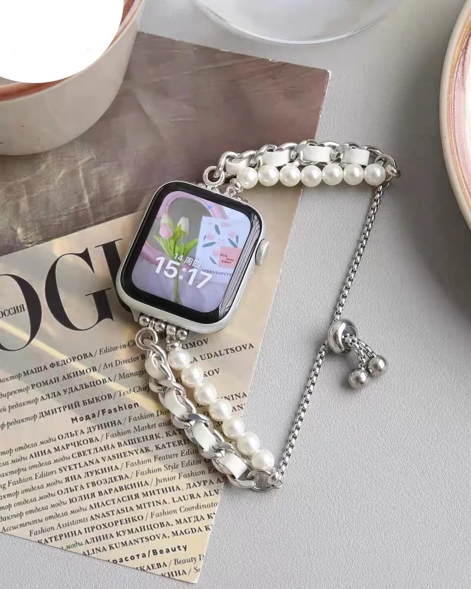 Nice Beads metal leather link loop For Apple Watch band women Series Ultra 10/9/8/7/6 38mm 40mm 41mm 42mm 44mm 45mm 46mm Strap