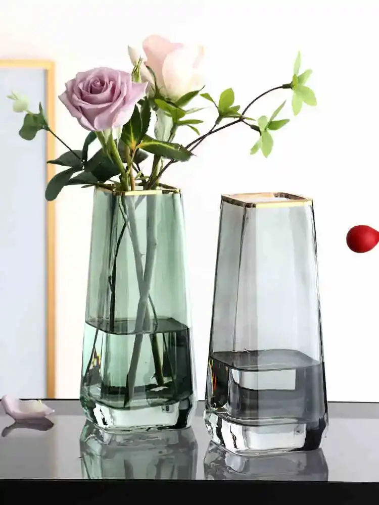 

Nordic Style Vase Square Mouth Glass Vases Transparent Gold Painting Flower Arrangement Pot Dried Flowers Ornaments Home Decor