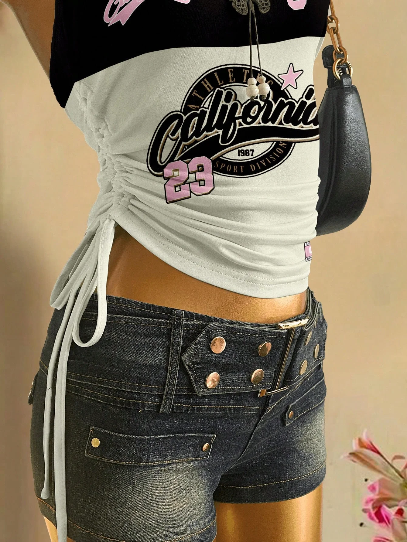 توب قصير، توب نسائي صيفي برباط أمامي مدبب بدون أكمام، قميص رياضي عصري مطبوع بأشرطة