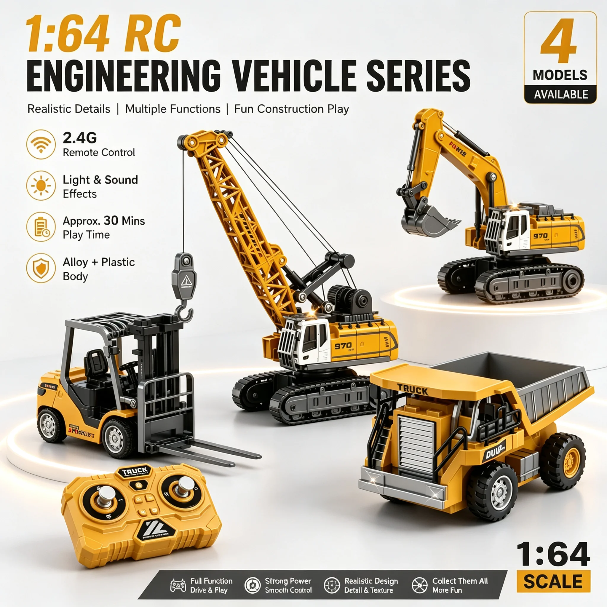 1:64 RC Mini Alloy Car Forklift Excavator Crane Tabletop Game 2.4G_Hz Remote Control Engineering Lift Truck Children's Toys Gift