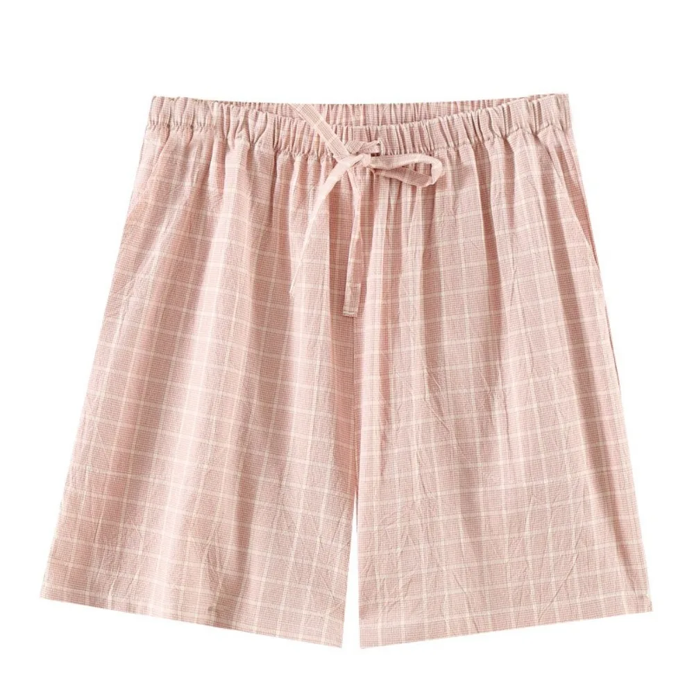 Celana Piyama Tanpa Motif Kotak-kotak Katun Murni Celana Pendek Longgar Tipis Musim Panas Celana Rumah Ukuran Besar Pria