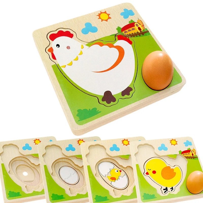 Wood 3D Puzzle Chick Grow Hens Laying Eggs Process Jigsaw Learning Education Montessori Toys