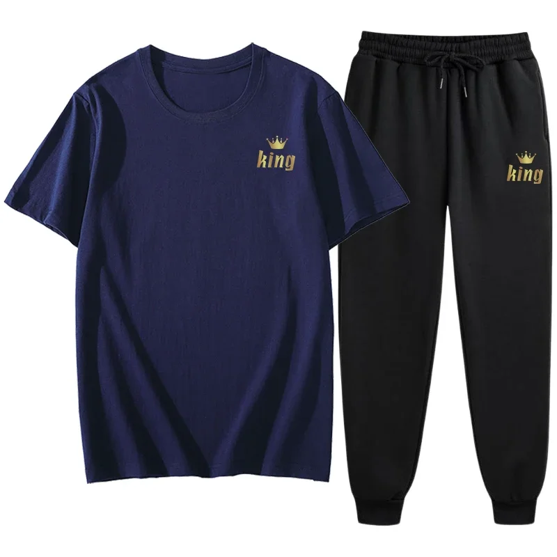 

2025 New Arrival Mens Spring Summer Tracksuit High Quality Urban Fashion T-shirt and Black Sweatpants Classic King Printed Tees