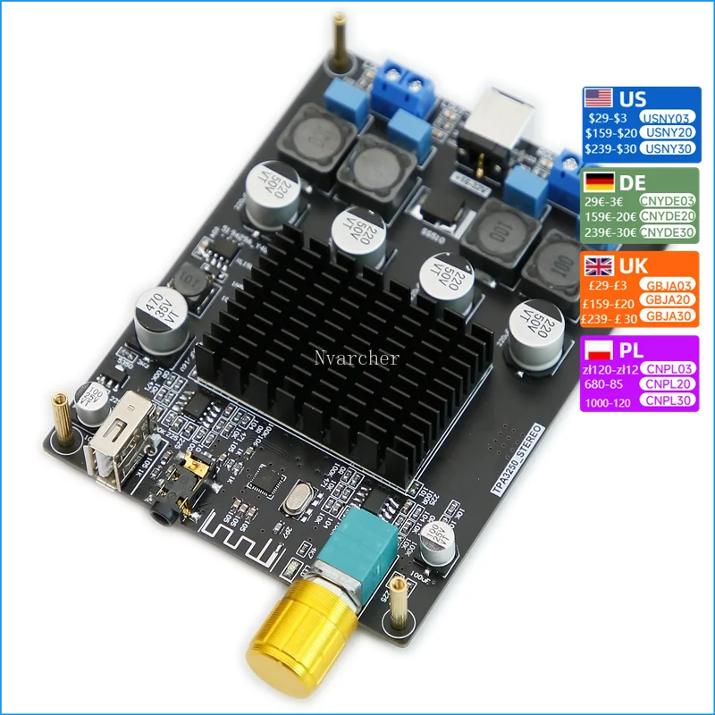 Nvarcher TPA3250 Bluetooth U Disk Digital Dual Channel 130W+130W Board Class D stereo Audio Amplifier