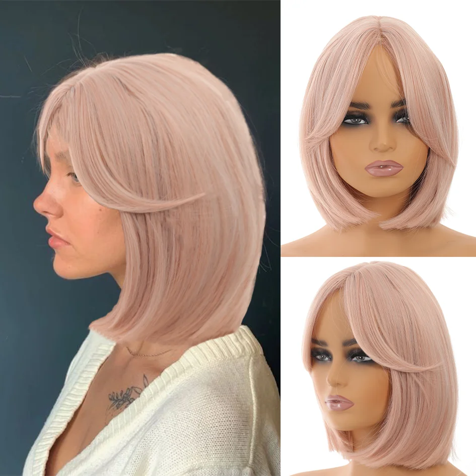 

Pink wig - Women's 14 "5.29oz pink blonde Bob wig medium part with outturned figure-eight bangs short headpiece, Bob wig