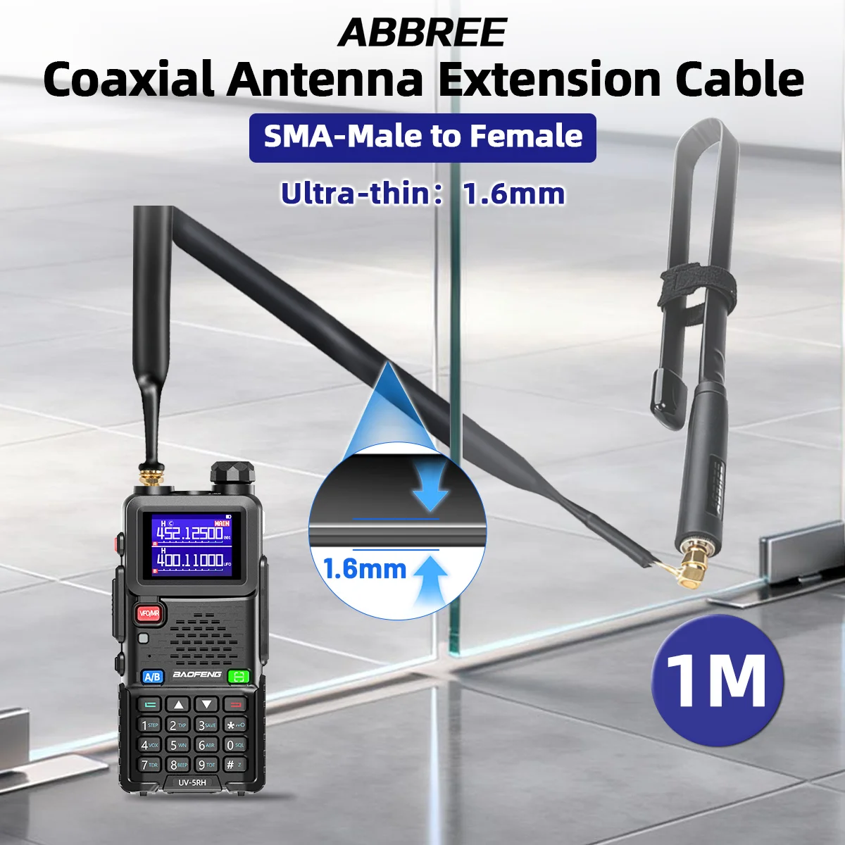 30/60/100cm ABBREE Ultra Thin Walkie Talkie Antenna Flat Coaxial Extension Cable SMA Male-to-Female For BAOFENG UV32 Ham Radio