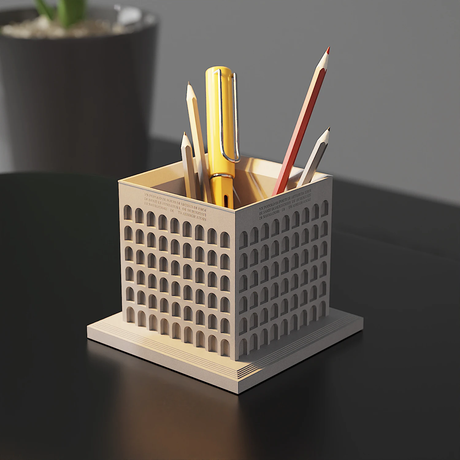 Italian Civilization Palace, Rome World Expo. 'Square Colosseum' Architectural Model Cement Pen Holder Table Decoration