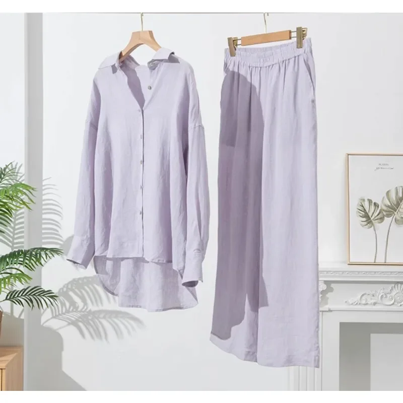 SuperAen Summer New Linen Sets Women's Two-piece Shirt Long-sleeved Retro Solid Color Sunscreen Top Long Pant Women's Sets